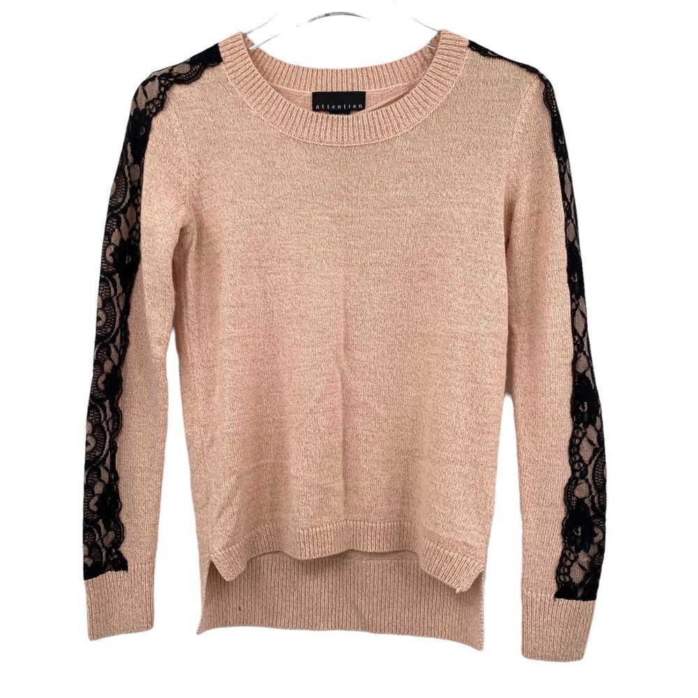 𝅺attention pink Shimmer Sweater w/ Black Lace Sleeves XS